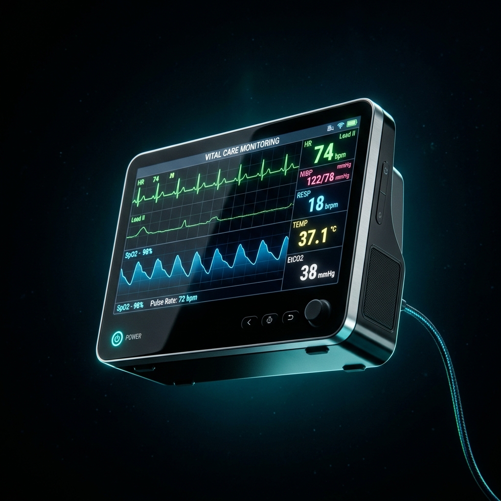 Monitor multiparamétrico VitalSimu con curvas ECG, SpO2 y signos vitales en tiempo real